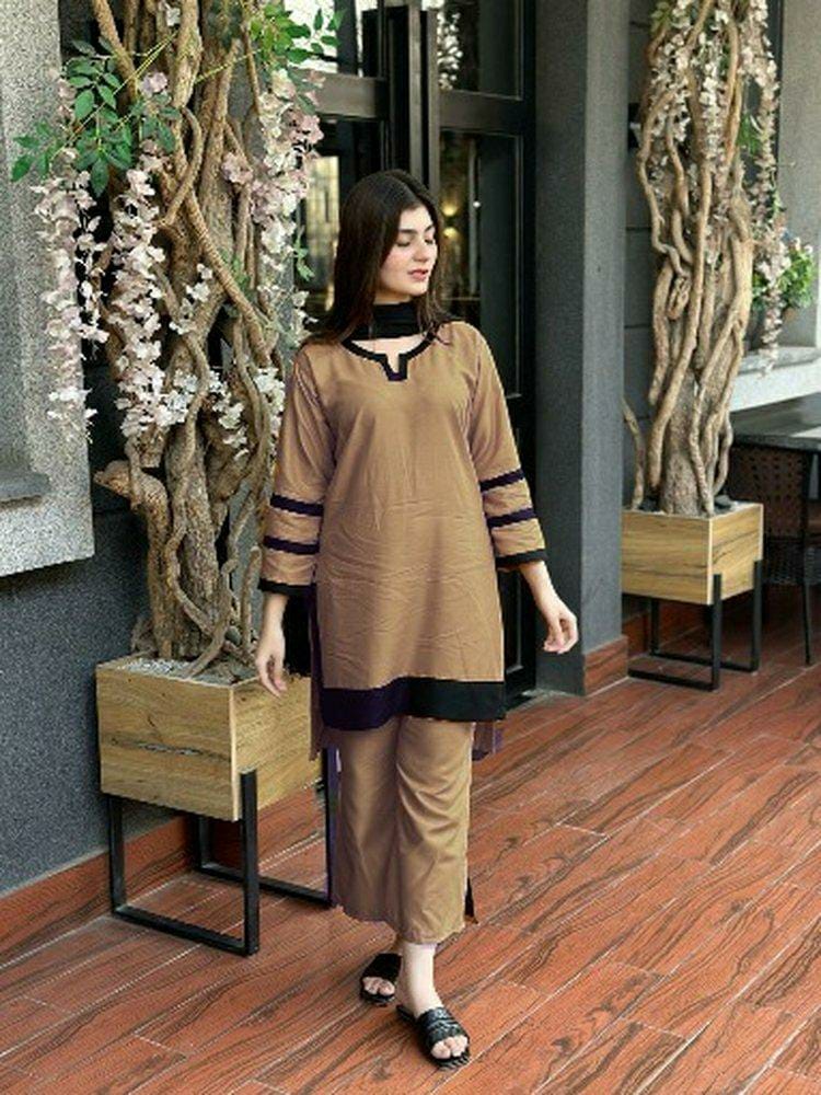 Women's Stitched Arabic Lawn Plain Suit (Brown)
