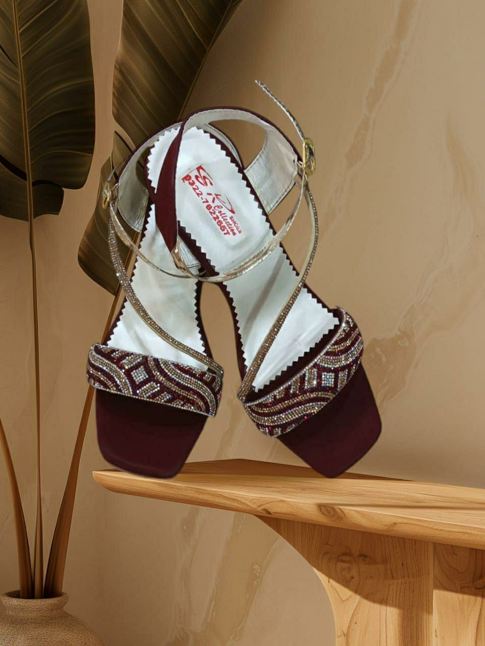 Women's Fancy Heel Sandals (Maroon,Silver Design)