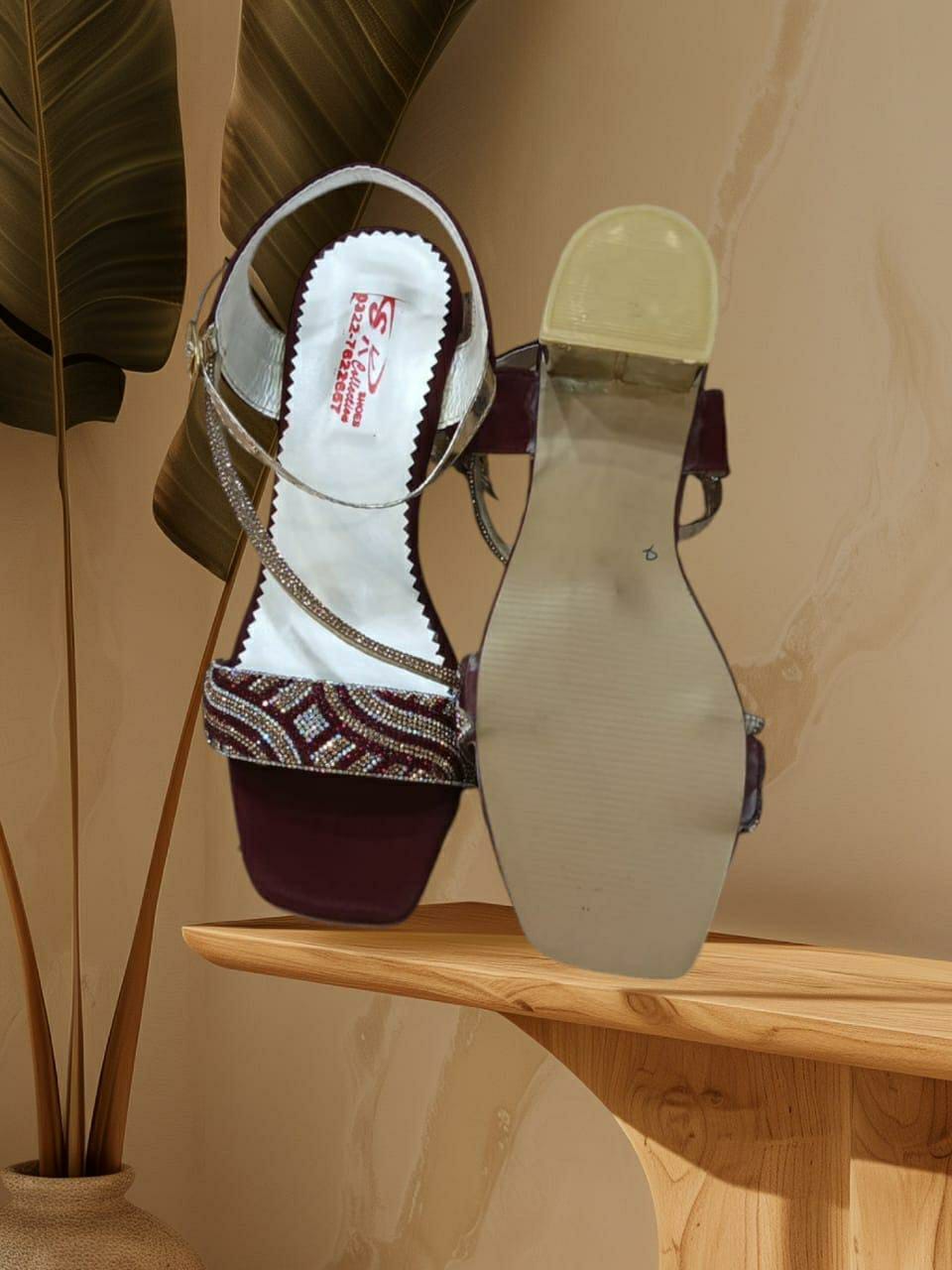 Women's Fancy Heel Sandals (Maroon,Silver Design)