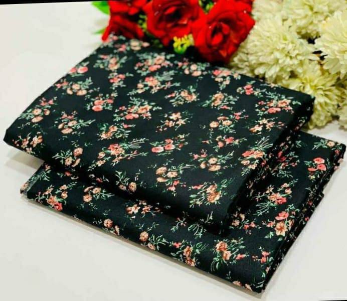 2 Pcs Women's Unstitched Polo Cotton Printed Suit (Black)
