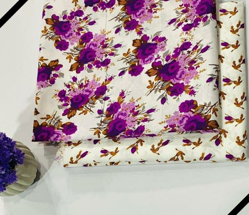 2 Pcs Women's Unstitched Polo Cotton Printed Suit (Purple Design)