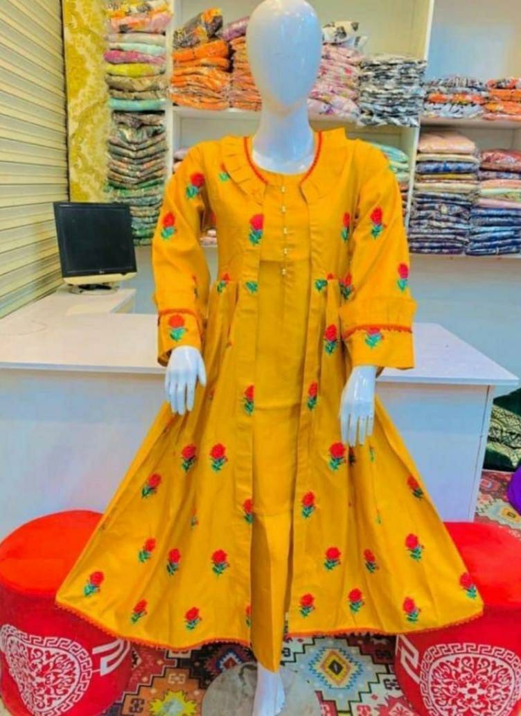 3 Pcs Women's Stitched Silk Embroidered Suit (Yellow)
