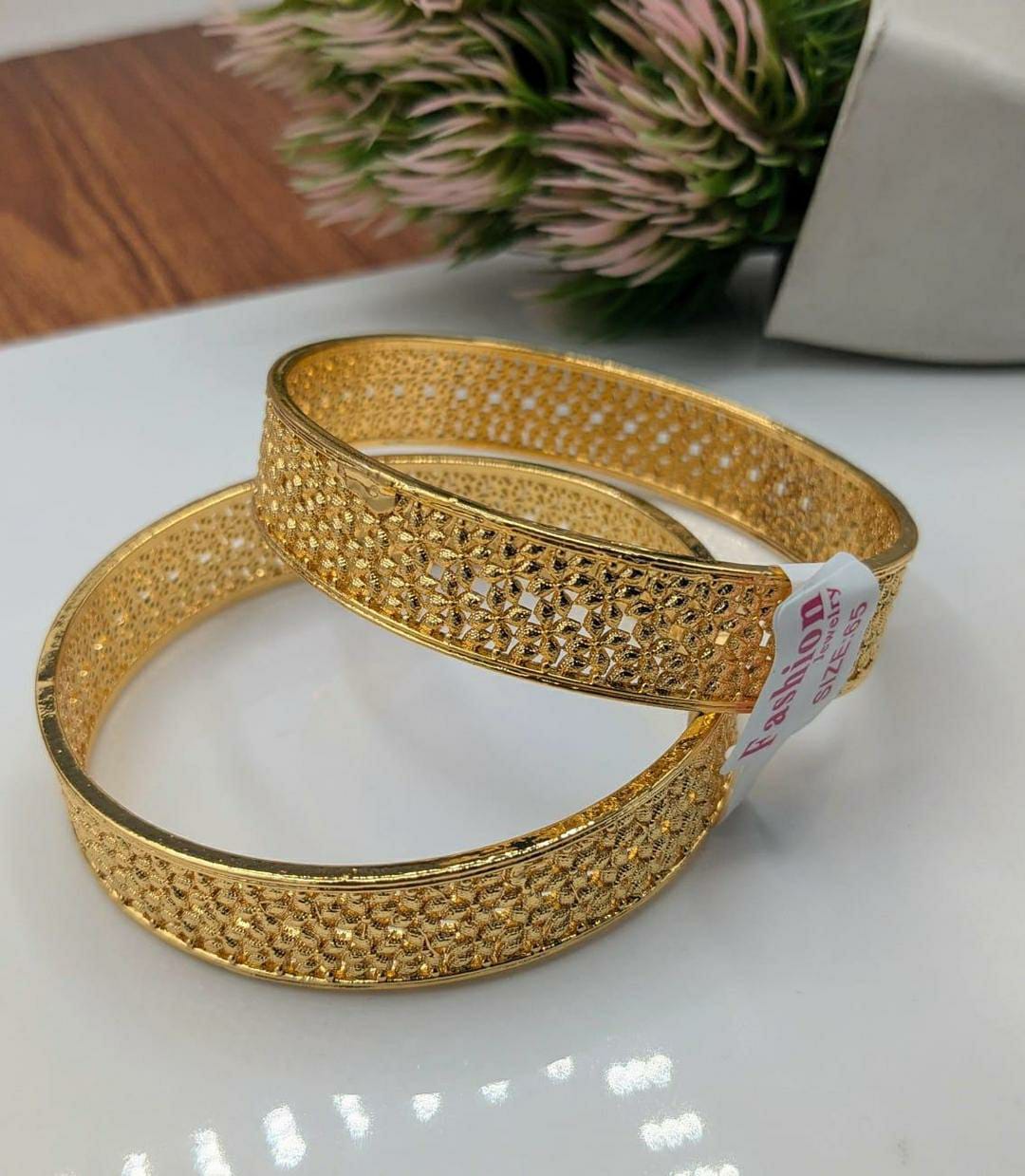 Golden Antique Kara Bangle - 2 Pcs Set with Unique Design