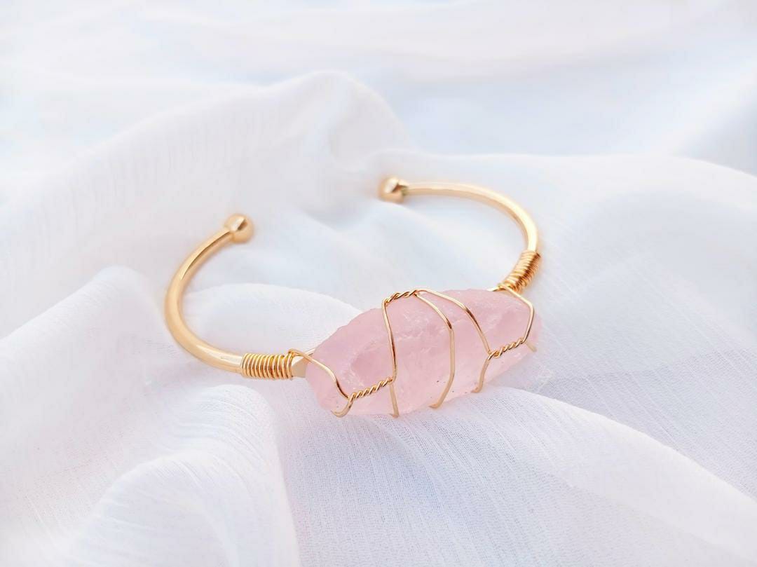 Elegant Pink Gemstone Gold Plated Kara Bracelet - Modern Design, Unisex, Adjustable Fit