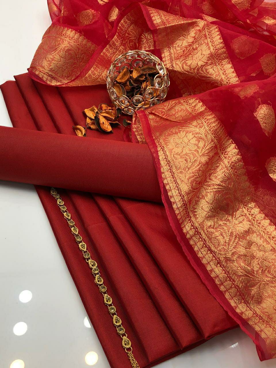 3 Pcs Women's Unstitched Katan Silk Plain Suit (Red)