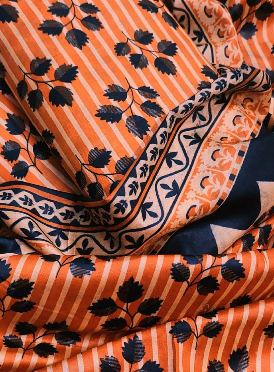 3 Pcs Women's Unstitched Swiss Lawn Printed Suit (Orange)