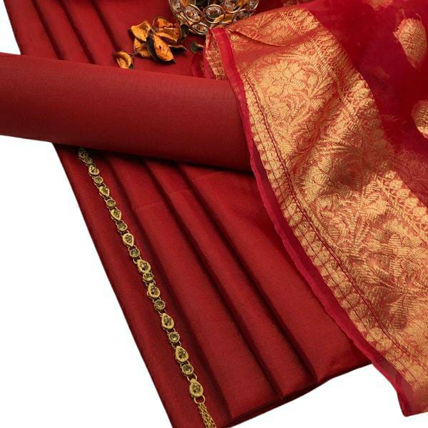 3 Pcs Women's Unstitched Katan Silk Plain Suit (Red)