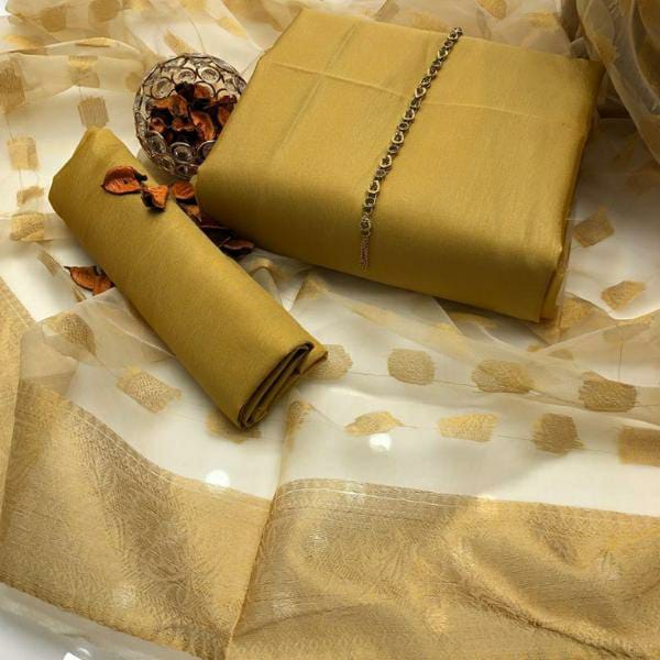 3 Pcs Women's Unstitched Katan Silk Plain Suit (Golden)