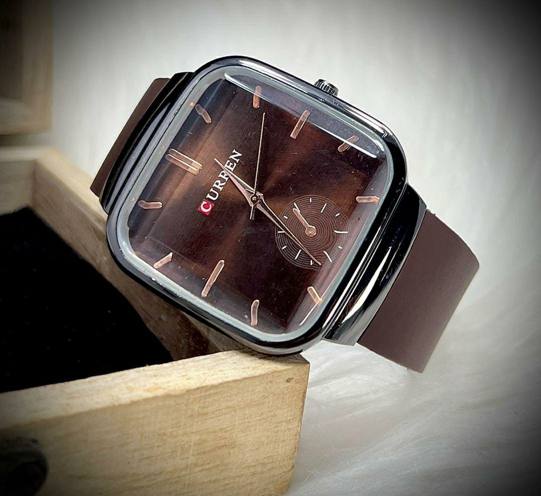 Men's Square Quartz Analogue Watch with Brown Silicone Strap (Brown)