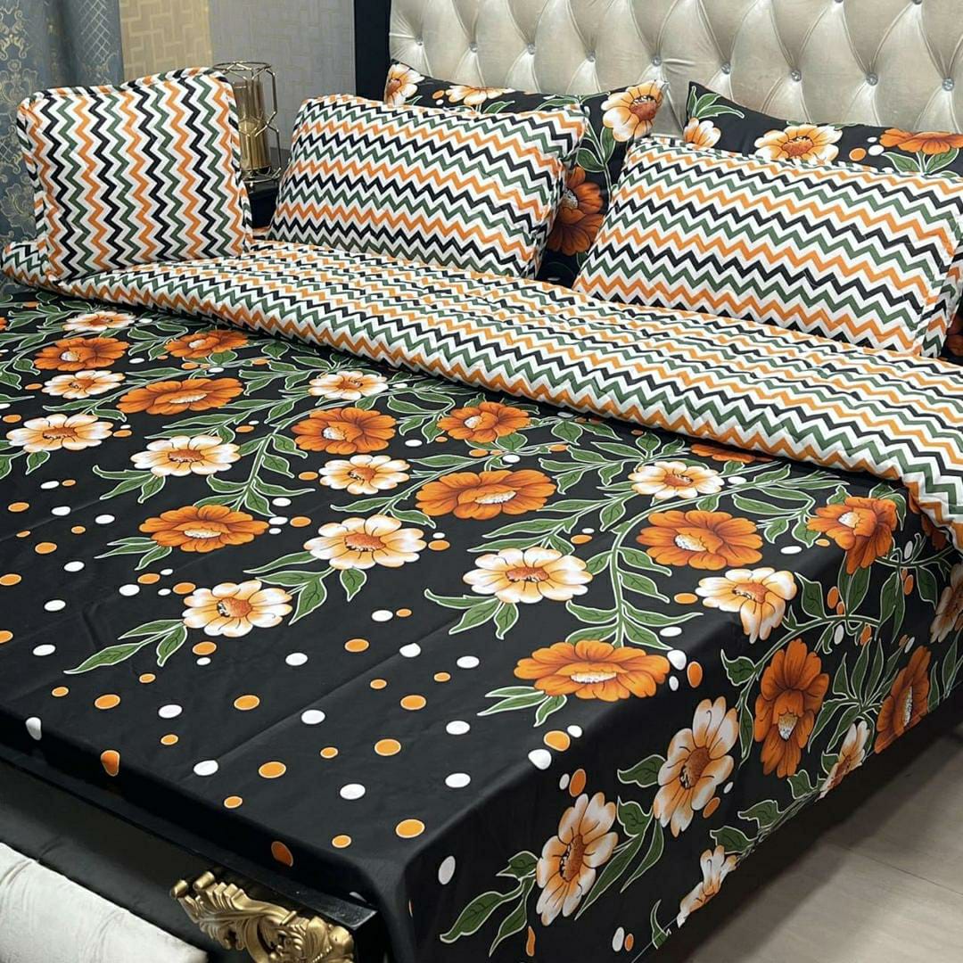 Luxurious 7 Pcs Printed Cotton Mix Comforter Set for Double Bed (Black, Flowers Design)