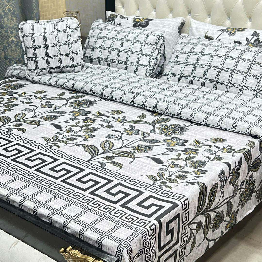 7 Pcs Cotton Salonica Printed Comforter Set (White, Black Design)