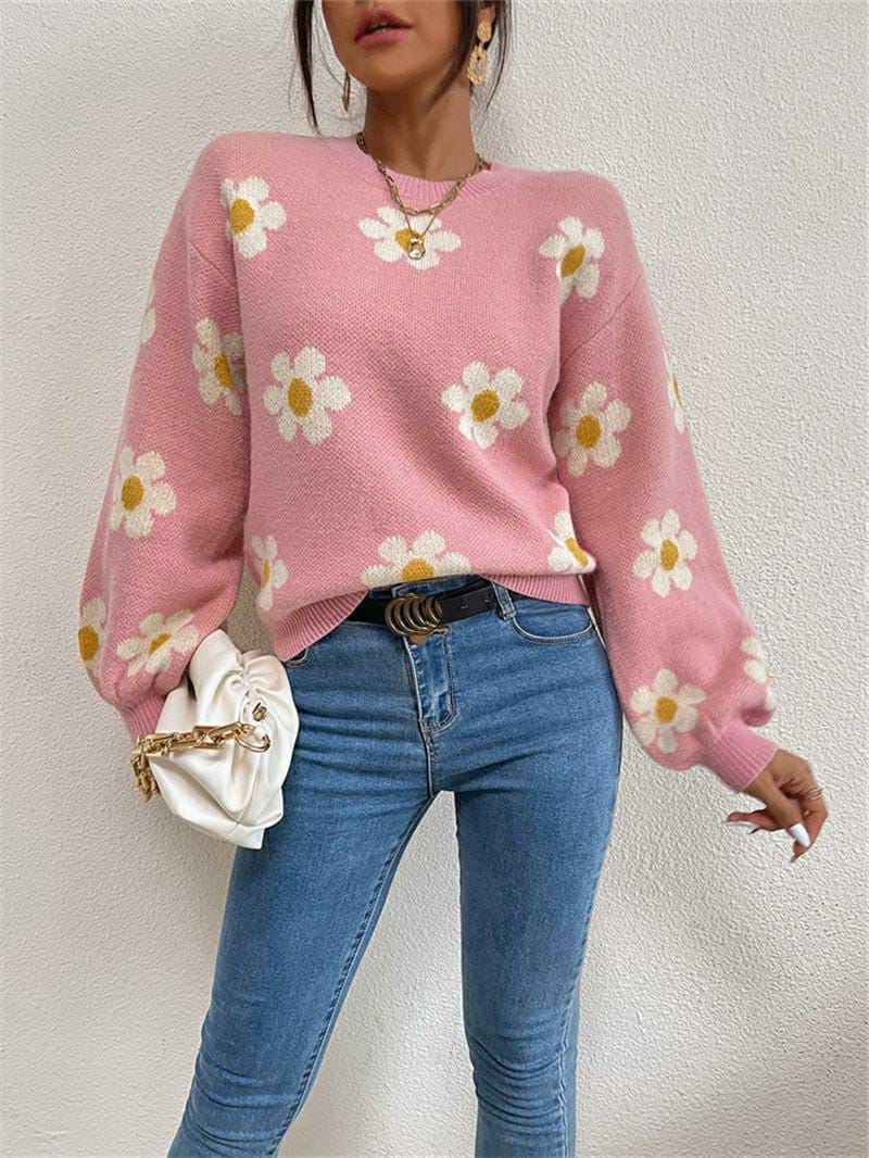 1 Pc Women's Loose Round Neck Flower Jacquard Knitted Sweater (Pink)