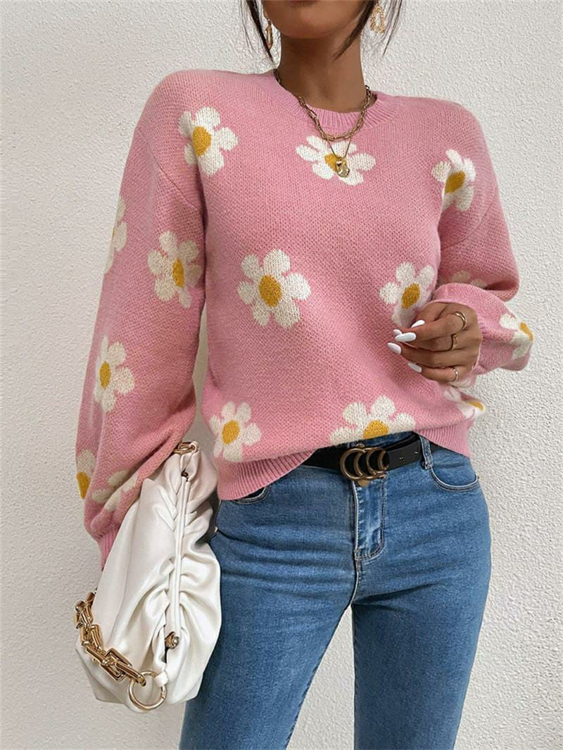 1 Pc Women's Loose Round Neck Flower Jacquard Knitted Sweater (Pink)