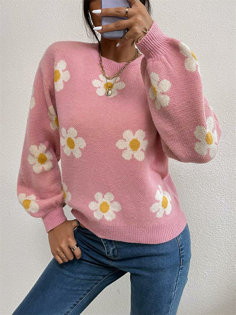 1 Pc Women's Loose Round Neck Flower Jacquard Knitted Sweater (Pink)