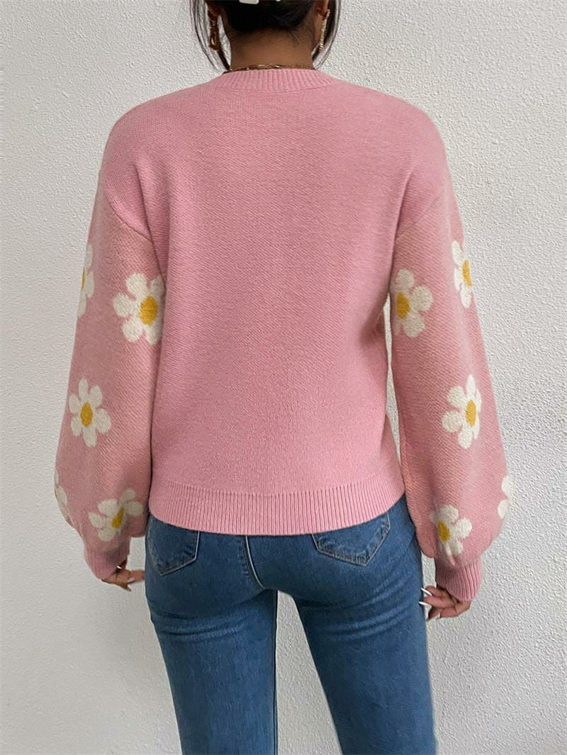 1 Pc Women's Loose Round Neck Flower Jacquard Knitted Sweater (Pink)
