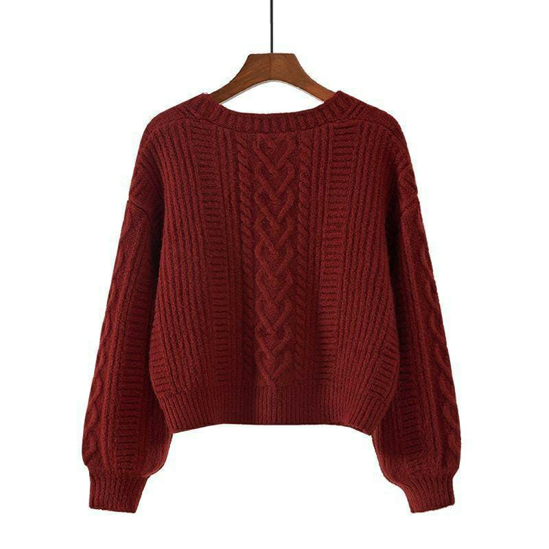 V Neck Knitted Sweater (Red, White, Brown)