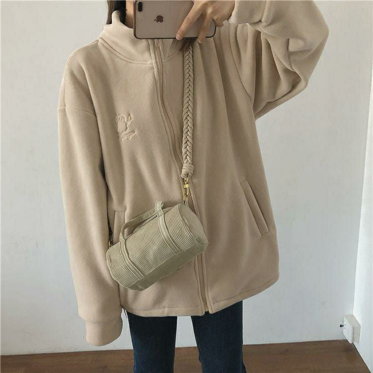 Women's Fleece Jacket - Embroidery High Collar Zipper Sweater Cardigan (Apricot)