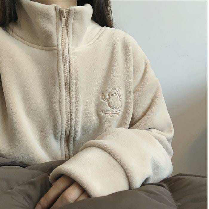 Women's Fleece Jacket - Embroidery High Collar Zipper Sweater Cardigan (Apricot)