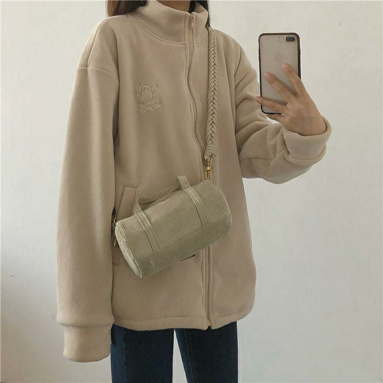 Women's Fleece Jacket - Embroidery High Collar Zipper Sweater Cardigan (Apricot)