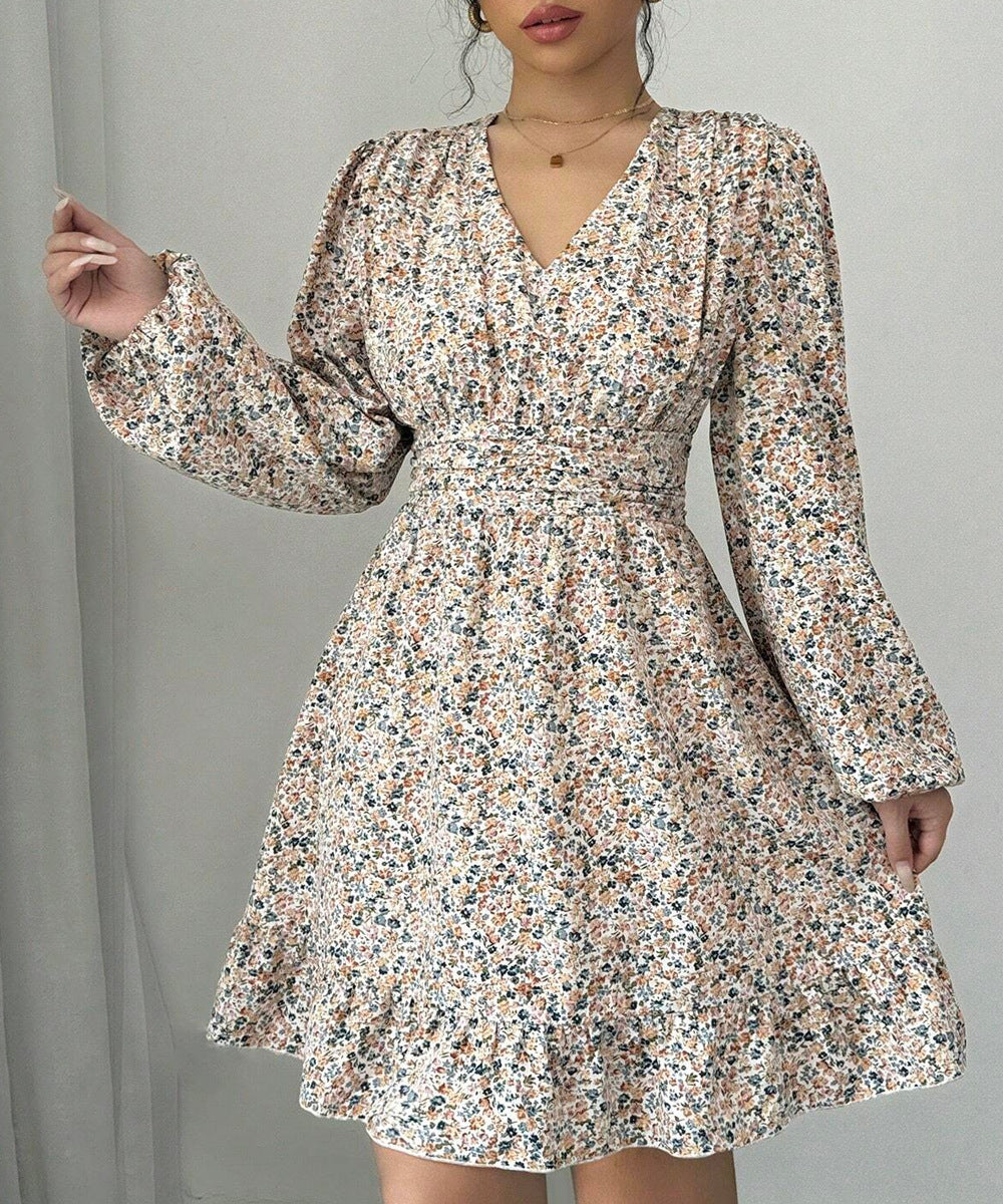 Printed V-neck Long-sleeve Dress Women