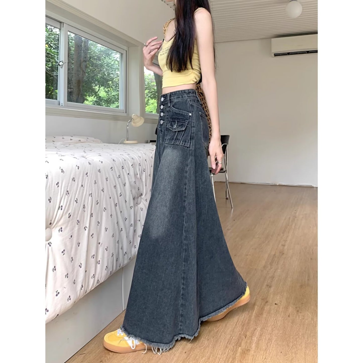 Autumn High Waist Retro Straight Loose Long Denim Skirt For Women