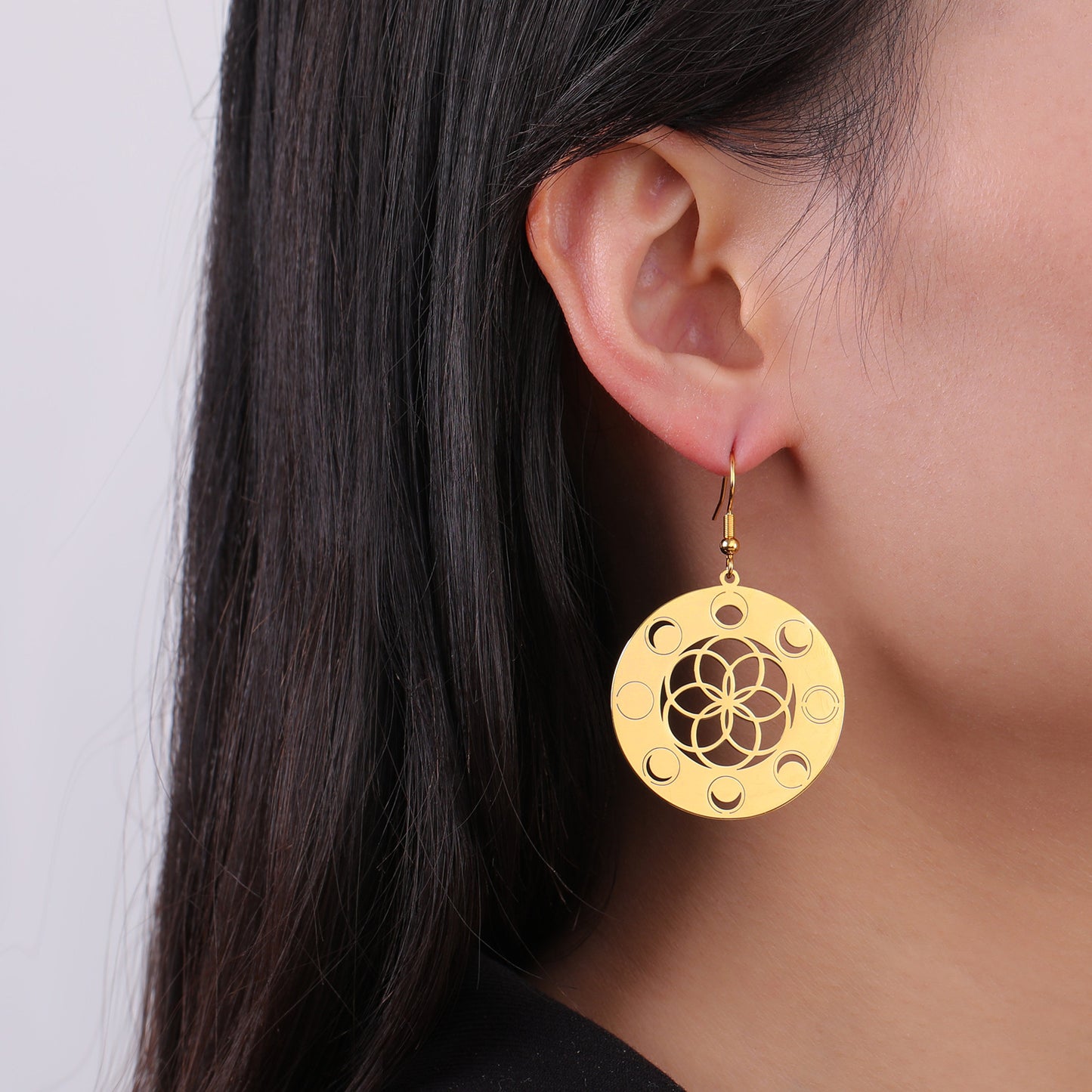 Moon Phase Round Pendant Earrings Women's Stainless Steel Earrings