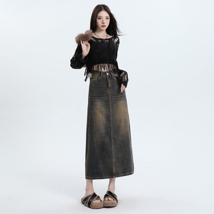 Denim Skirt Design Pocket Slit Retro Hip-wrapped Midi Skirt