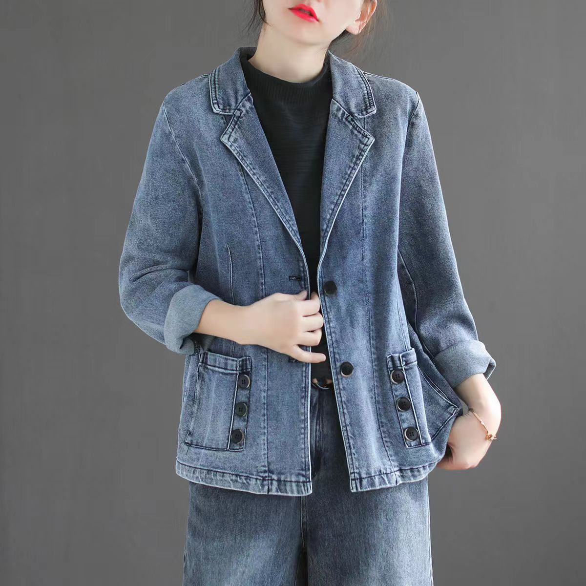 Autumn New Patchwork Pocket Loose Retro Long Sleeve Top