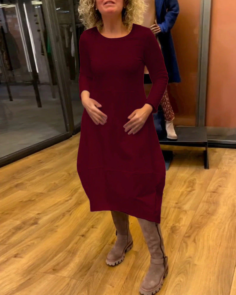 Autumn And Winter Wild Solid Color Round-neck Long-sleeved Dress Women's Clothing