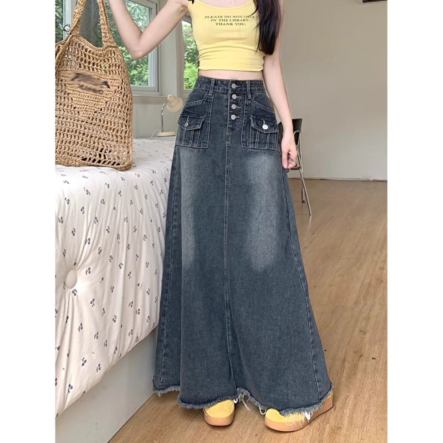 Autumn High Waist Retro Straight Loose Long Denim Skirt For Women