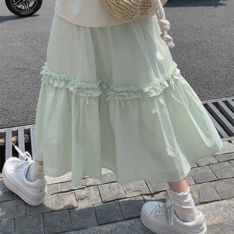 Elastic Waist Mid-length Vanilla Green A- Line Skirt