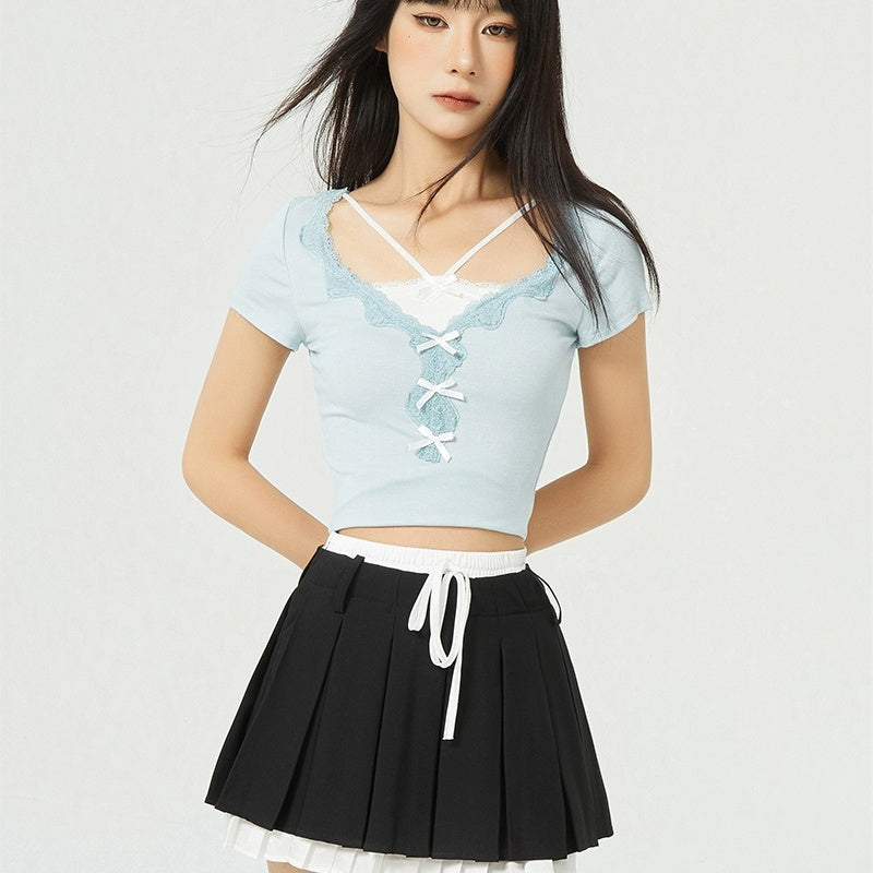 High Waist College Style Fake Two-piece Fashion Slimming A- Line Pleated Short Skirt