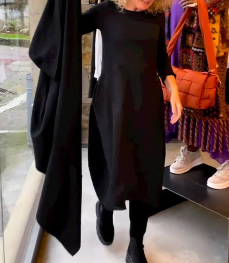 Autumn And Winter Wild Solid Color Round-neck Long-sleeved Dress Women's Clothing