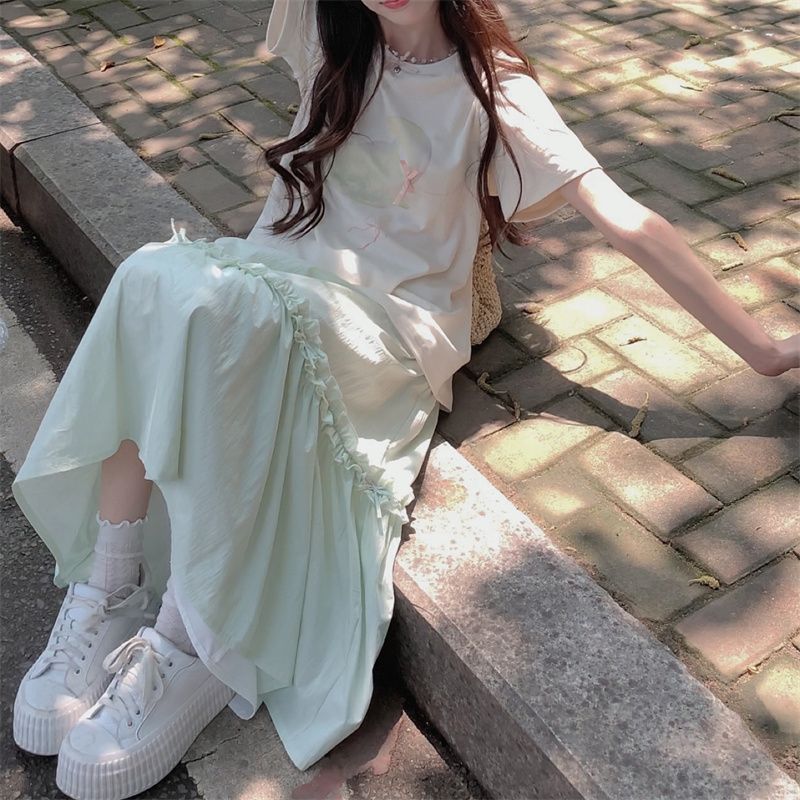 Elastic Waist Mid-length Vanilla Green A- Line Skirt