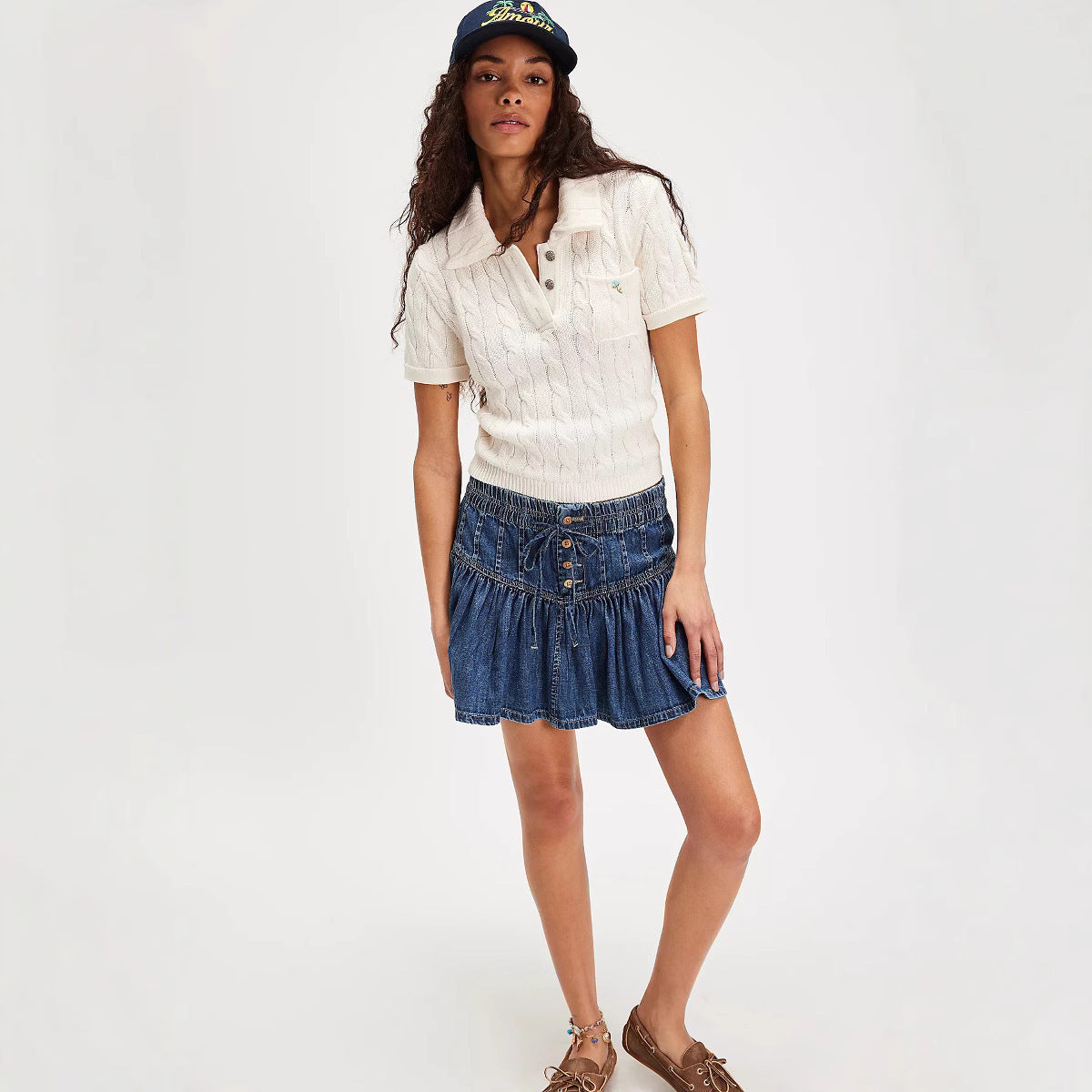 High Waist A- Line Casual Versatile Retro Denim Pleated Skirt