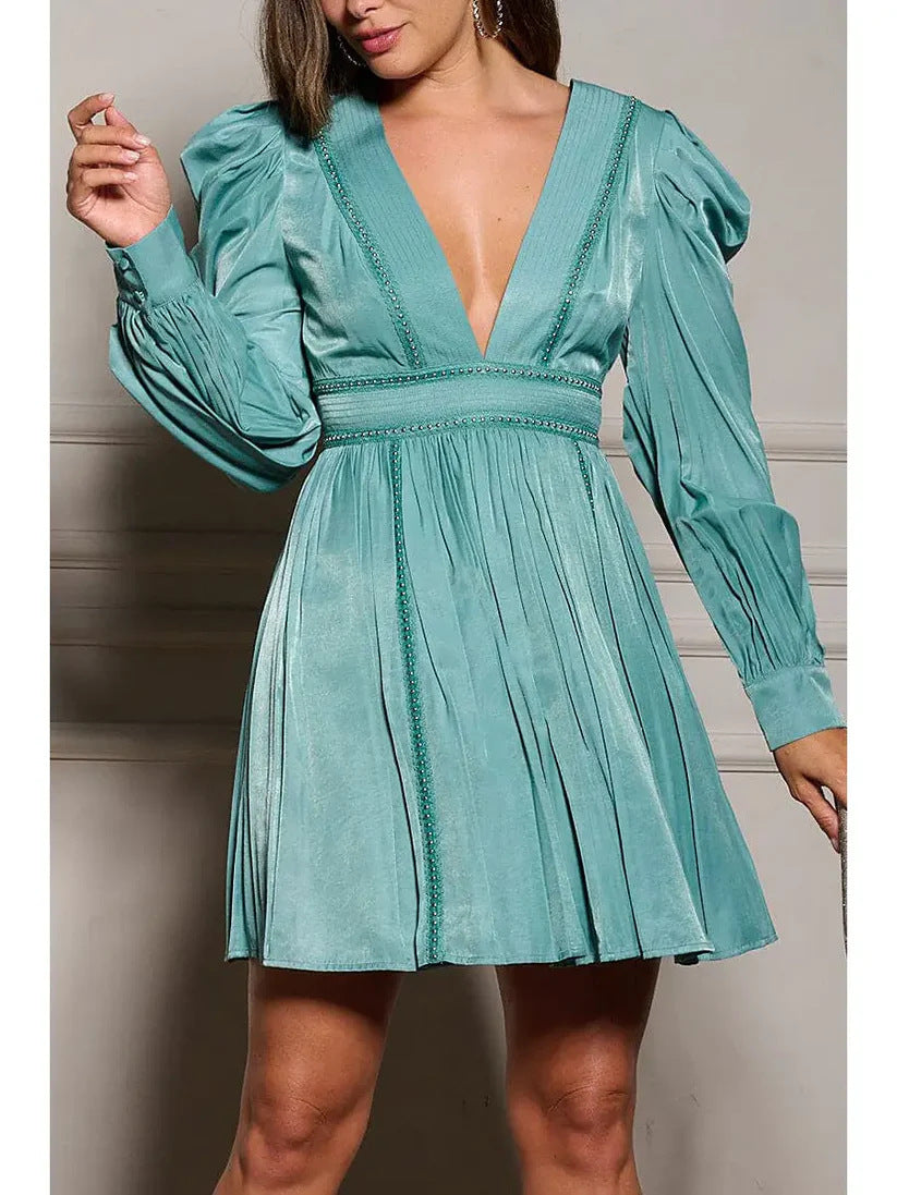 V-neck Long Sleeve Women's Foam Beads Puff Sleeve Dress