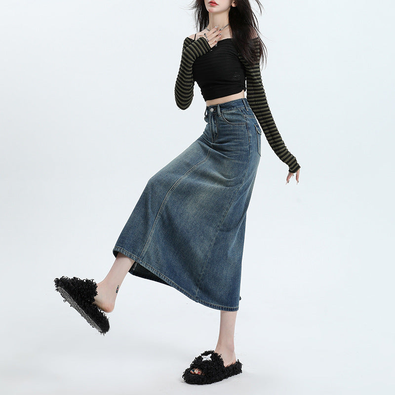 Denim Skirt Design Pocket Slit Retro Hip-wrapped Midi Skirt