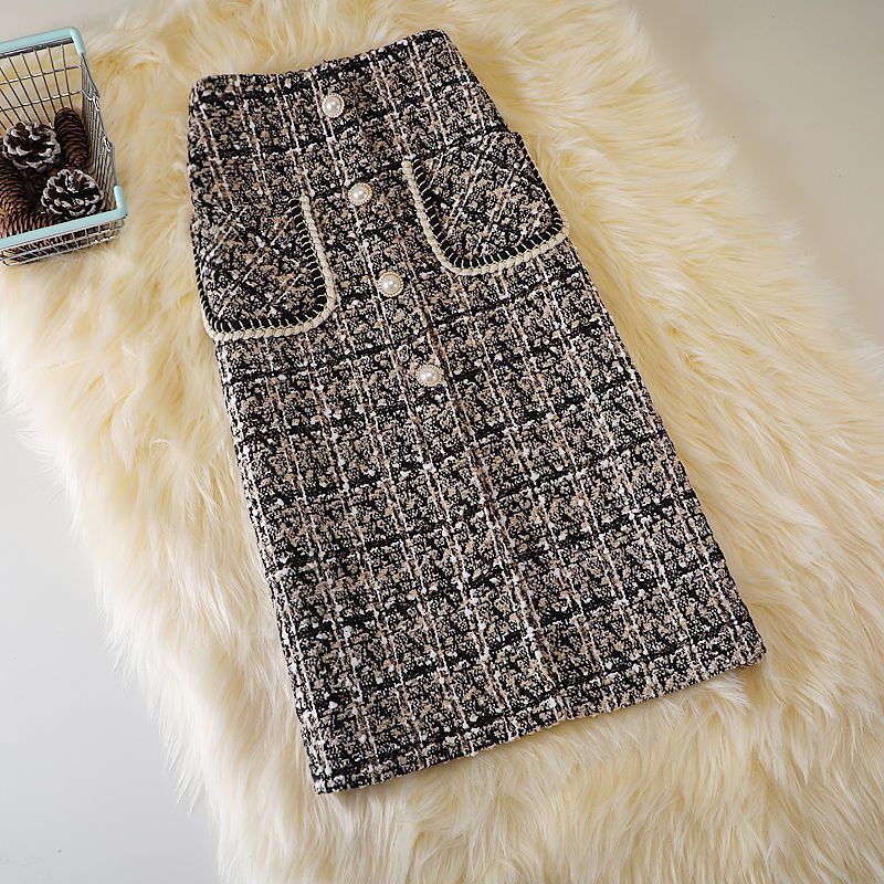 New Fashion Mid-length Female Online Influencer A- Line High Waist Slimming Woolen Plaid Skirt Trendy Style
