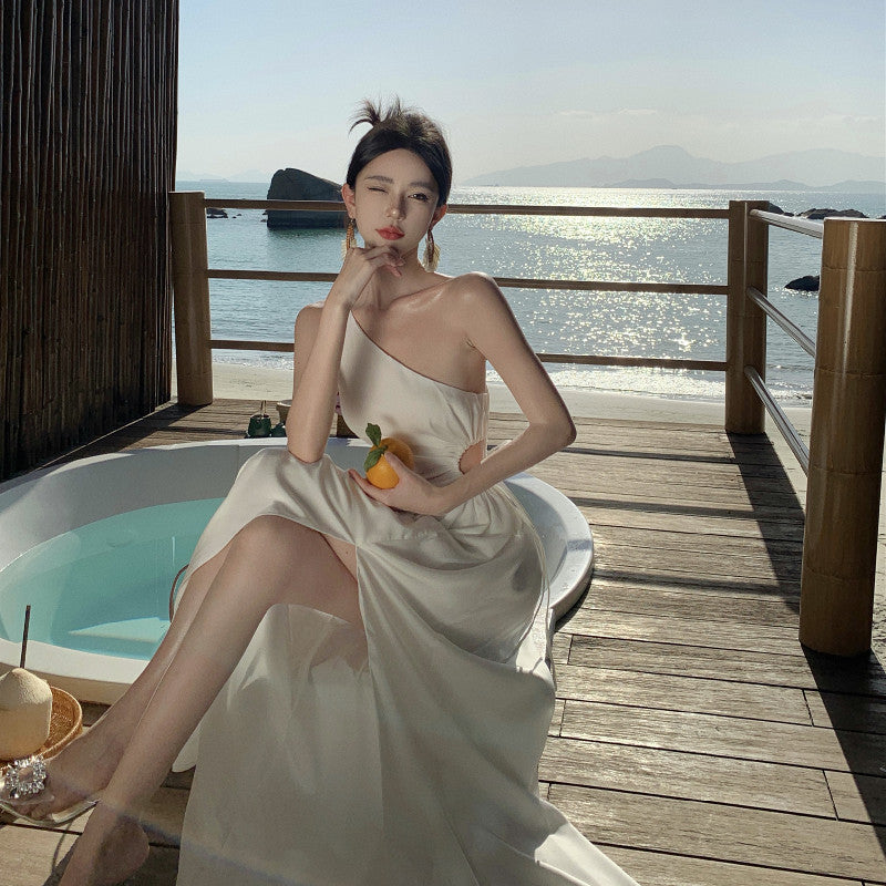 White Oblique Shoulder Strap Split Elegant Slim Fit Slimming Dress