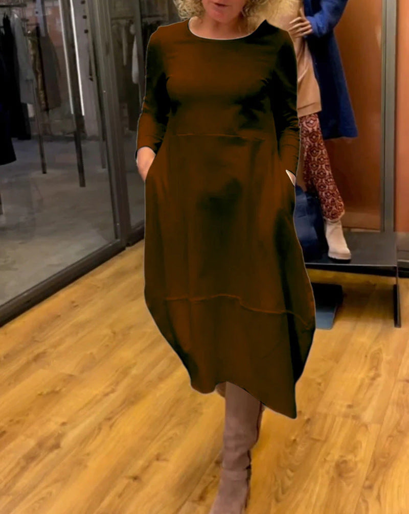 Autumn And Winter Wild Solid Color Round-neck Long-sleeved Dress Women's Clothing