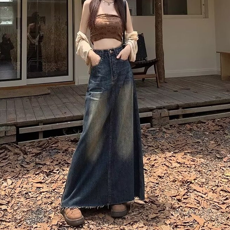 Worn Looking Washed-out Denim Skirt Hot Girl Retro Straight A- Line Design