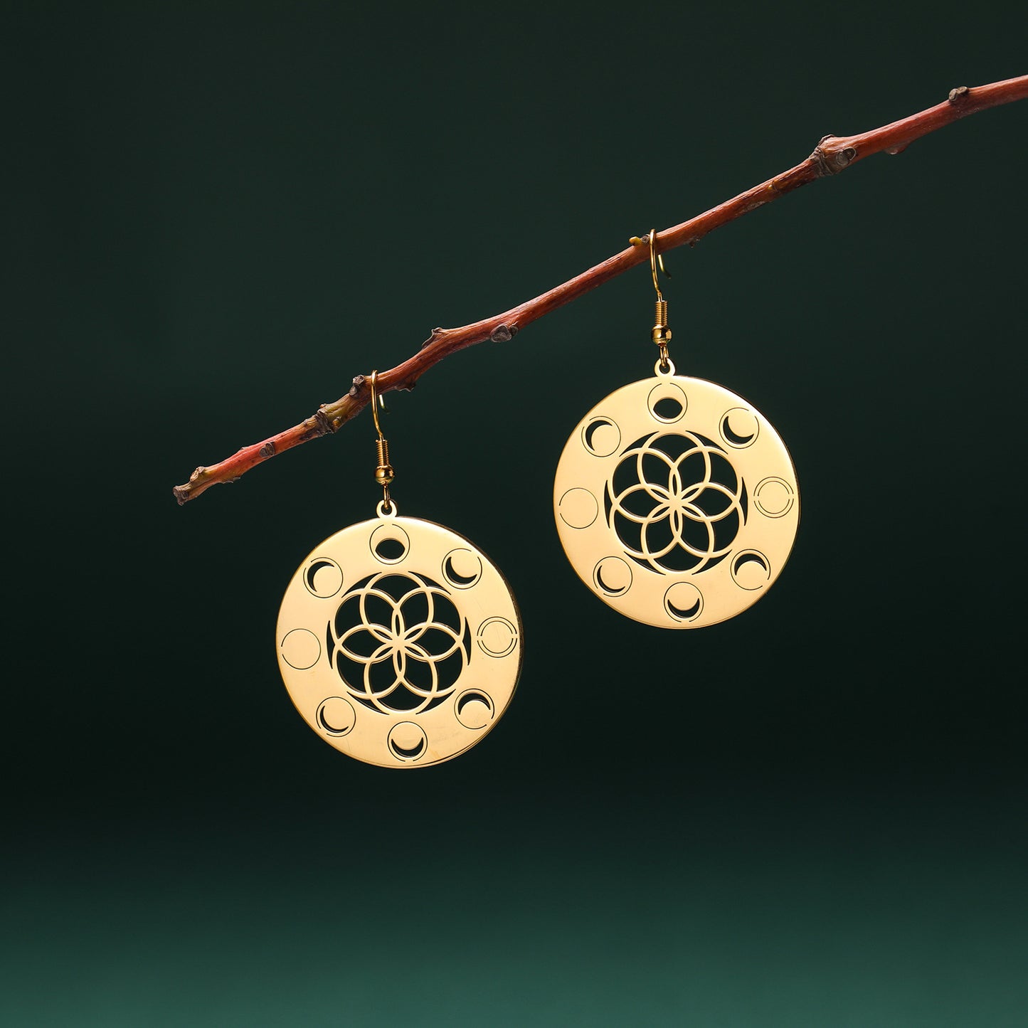 Moon Phase Round Pendant Earrings Women's Stainless Steel Earrings