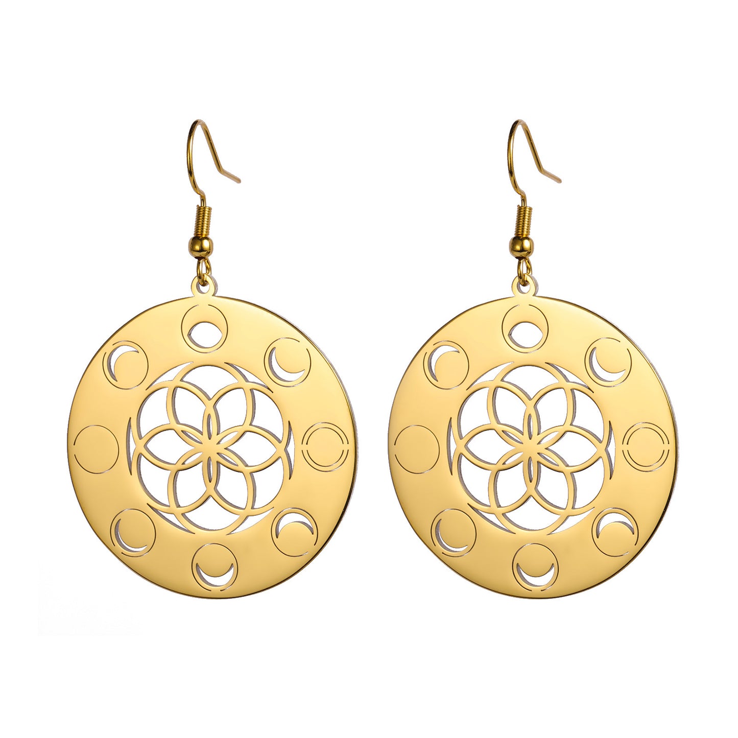 Moon Phase Round Pendant Earrings Women's Stainless Steel Earrings