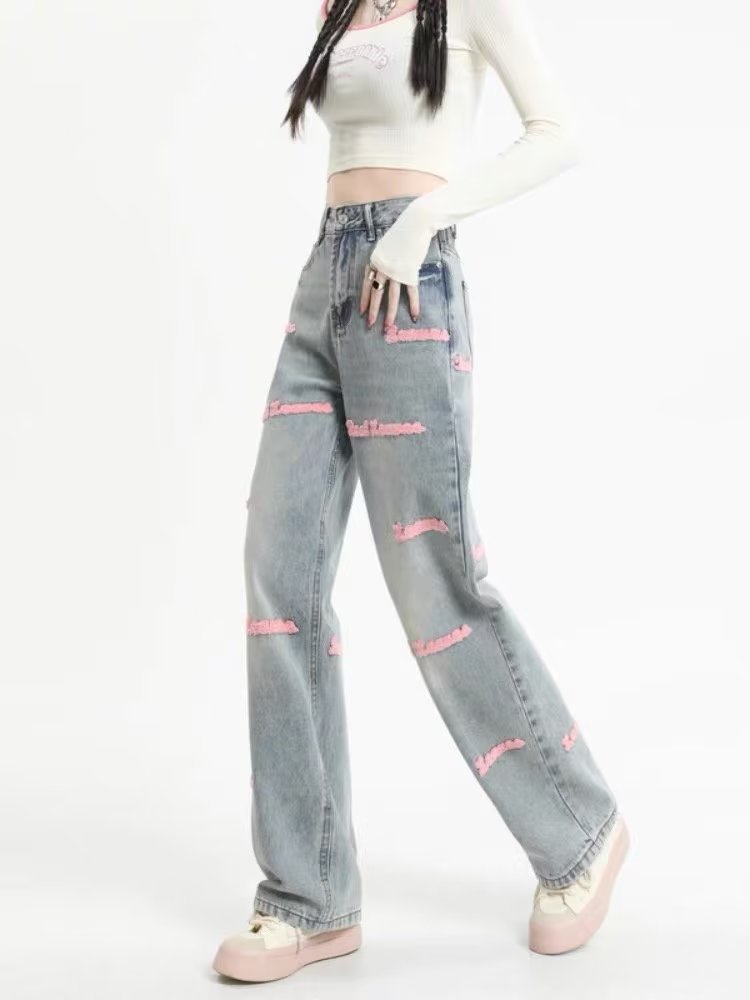 European Letter Embroidered Straight Jeans Design