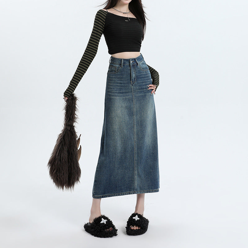 Denim Skirt Design Pocket Slit Retro Hip-wrapped Midi Skirt