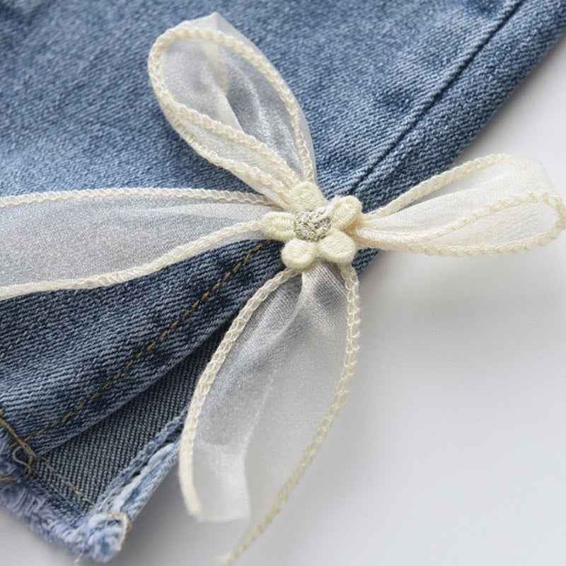 Korean Style Young And Little Girls Baby Sweet Fashion Bowknot Slim Jeans Fashion