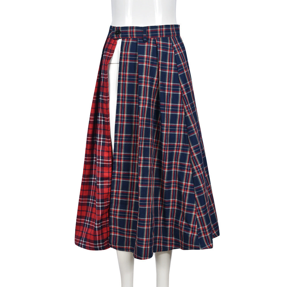 Women's Patchwork Color-contrast Check Personalized Skirt
