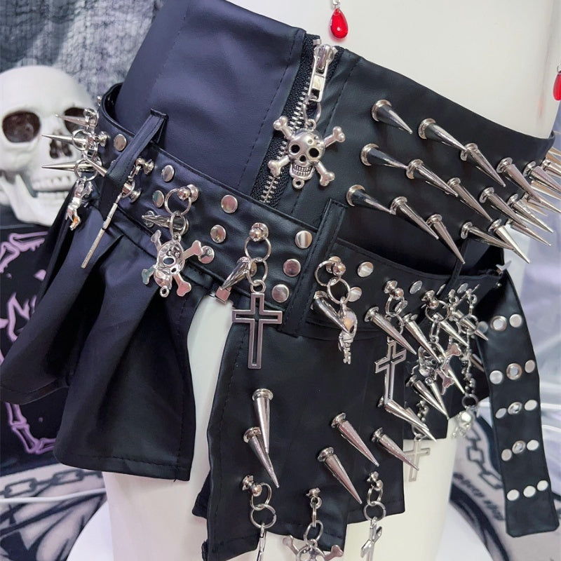Rivet Skull Cross Punk Niche Street PU Leather Metal Pleated Skirt