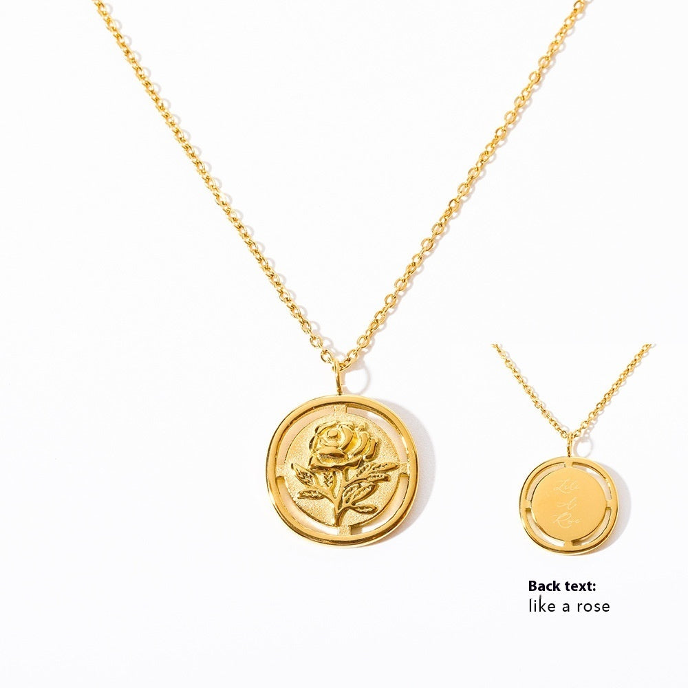 Titanium Steel French Retro Three-dimensional Flower Cutout Rose Necklace Electroplated 18K Gold