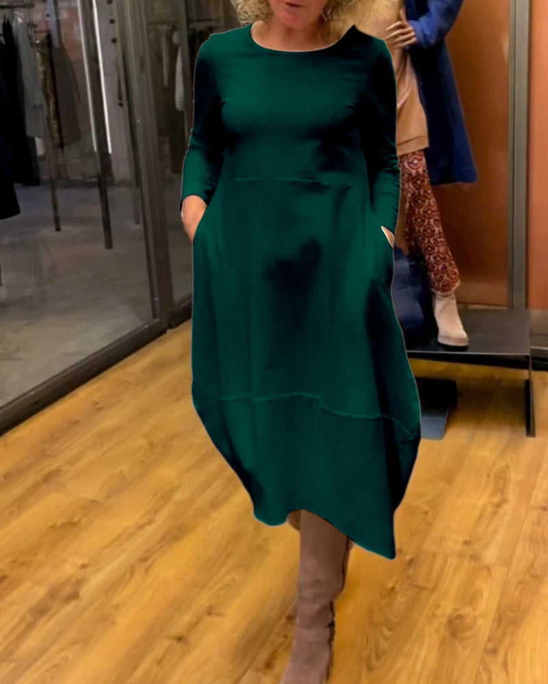 Autumn And Winter Wild Solid Color Round-neck Long-sleeved Dress Women's Clothing